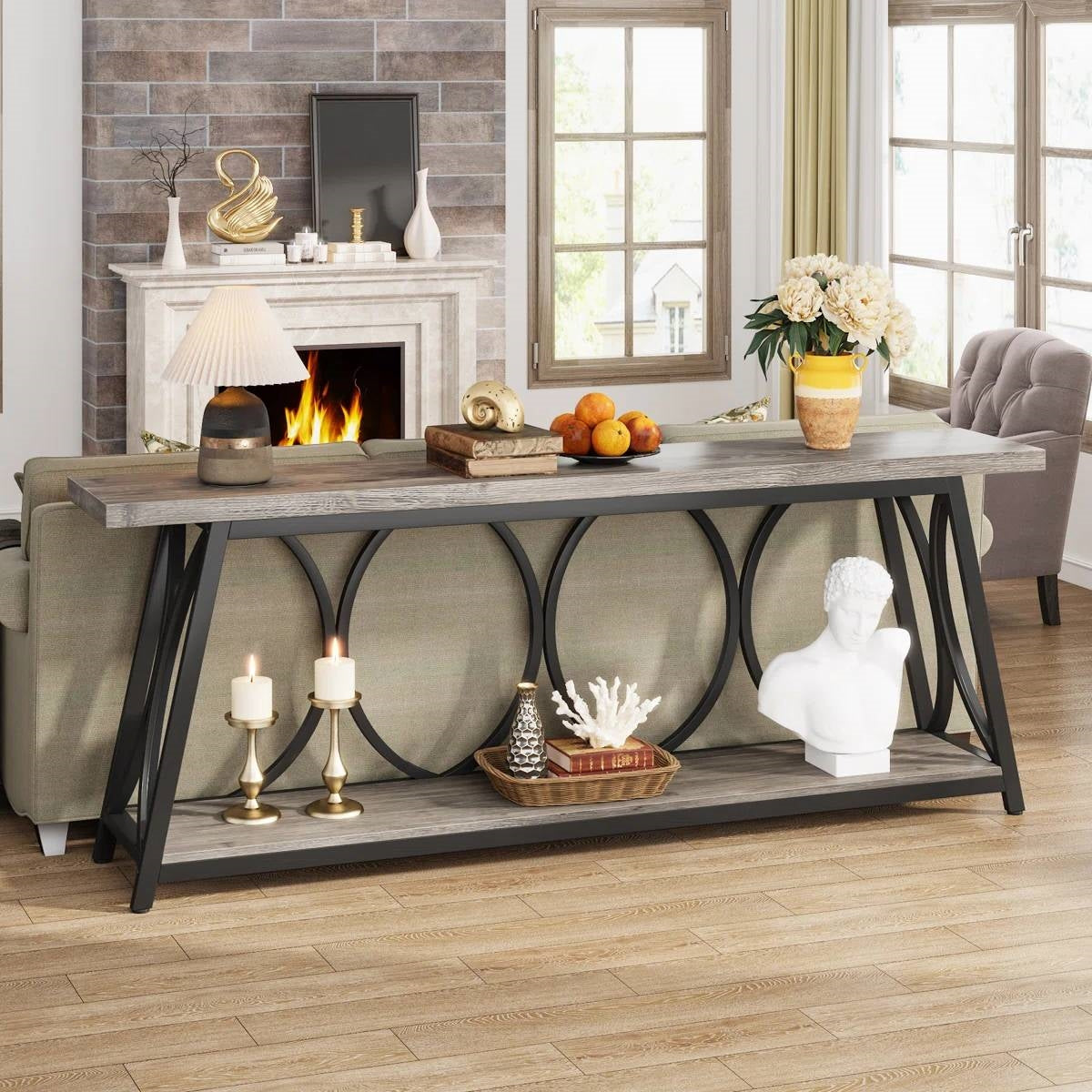 Industrial 70-inch Wood Top Sofa Table with Heavy Duty Metal Frame