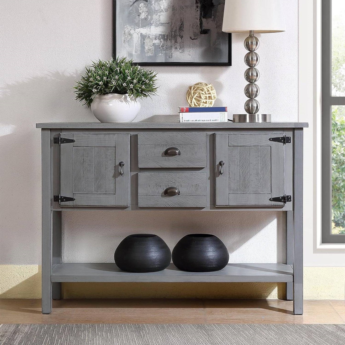 Farmhouse Solid Wood Sofa Table with Storage Drawers in Grey