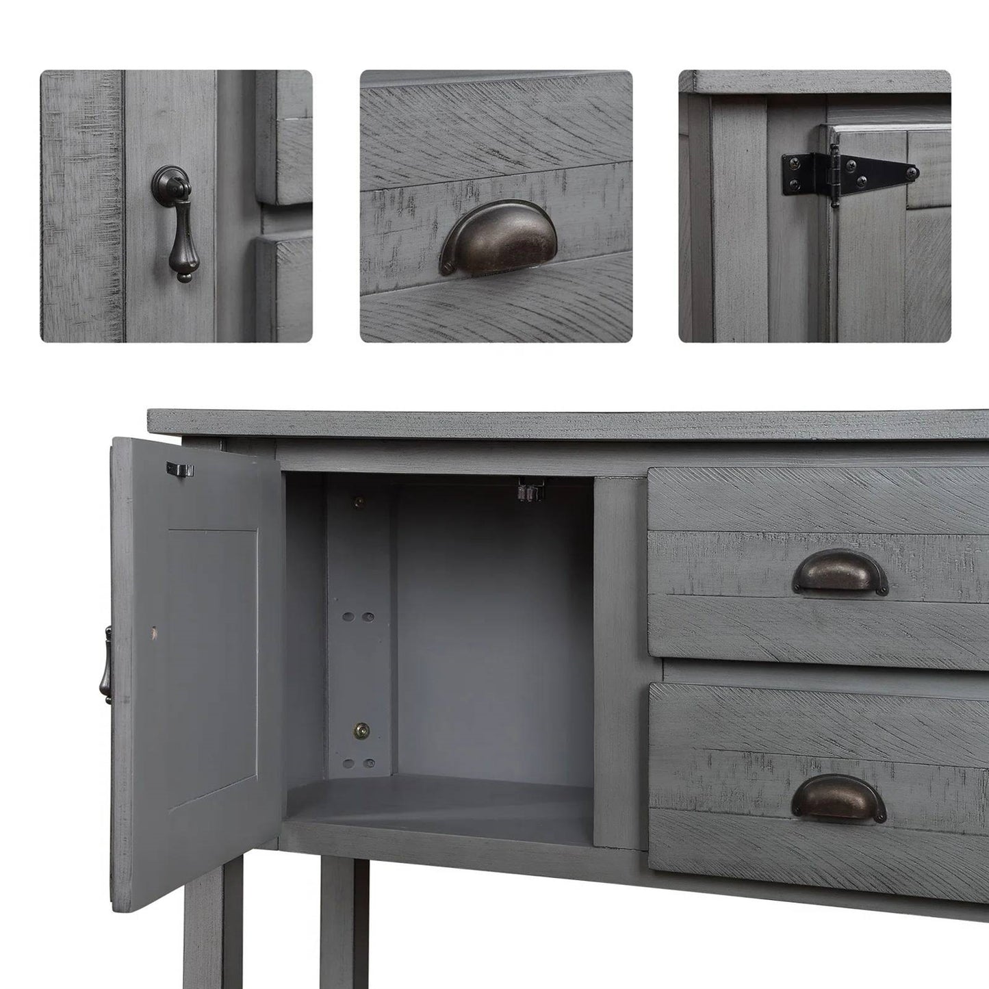 Farmhouse Solid Wood Sofa Table with Storage Drawers in Grey