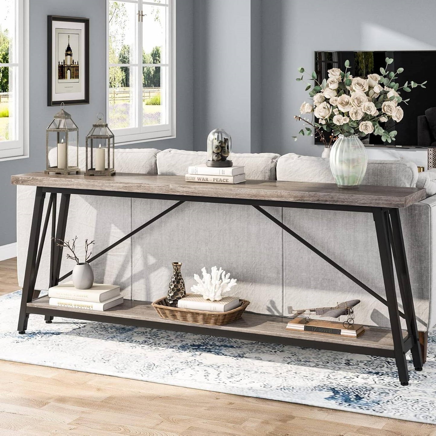 Heavy Duty 70-inch Industrial Wood Top Sofa Table with Metal Frame in Four Colors