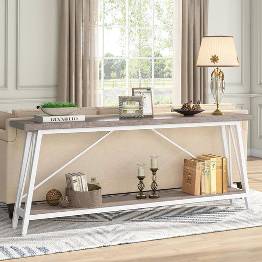Heavy Duty 70-inch Industrial Wood Top Sofa Table with Metal Frame in Four Colors