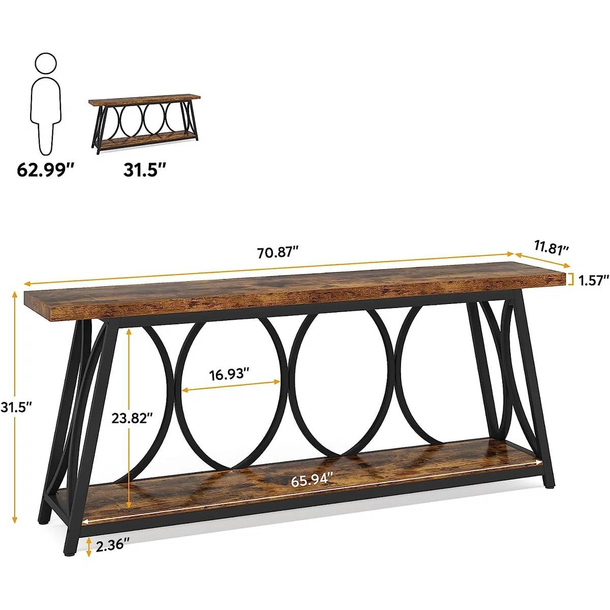 Industrial 70-inch Wood Top Sofa Table with Heavy Duty Metal Frame