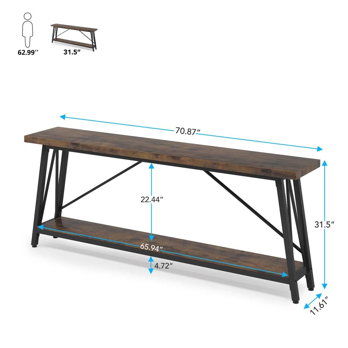 Heavy Duty 70-inch Industrial Wood Top Sofa Table with Metal Frame in Four Colors