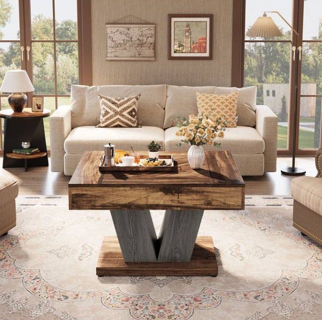 Square Farmhouse Coffee Table in Brown Black Wood Finish