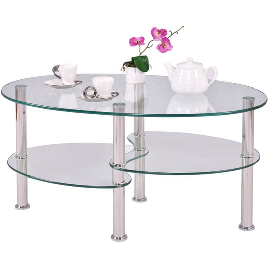 Modern Oval Tempered Glass Coffee Table with Bottom Shelf