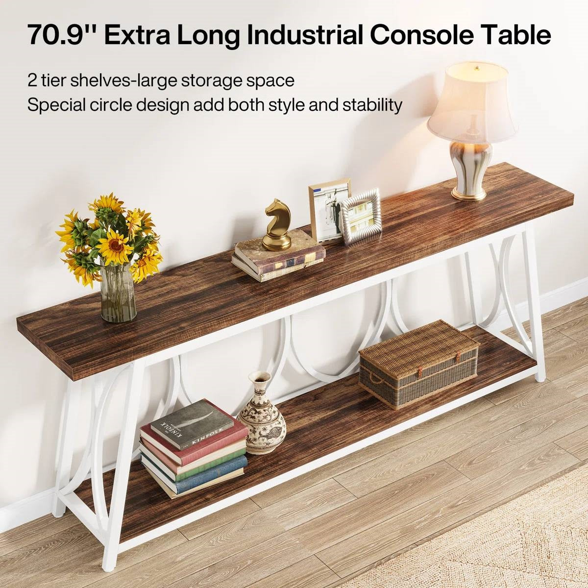 Industrial 70-inch Wood Top Sofa Table with Heavy Duty Metal Frame