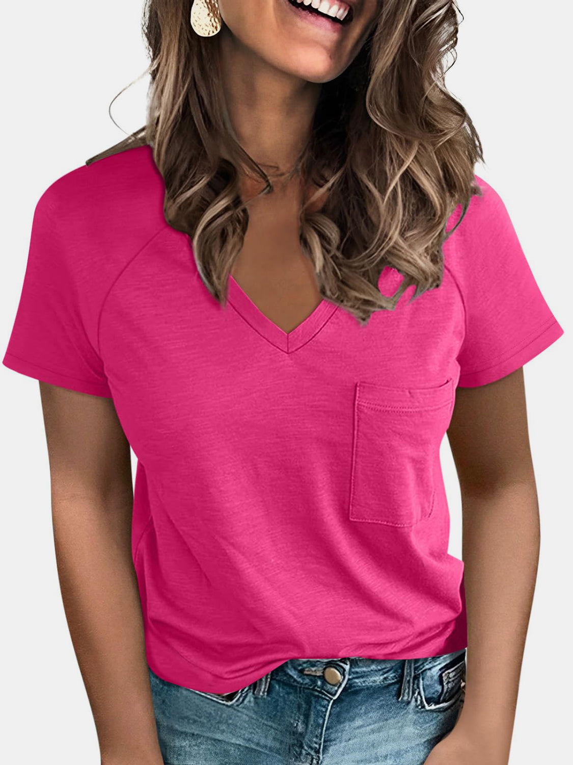 Full Size Pocketed V-Neck Short Sleeve T-Shirt
