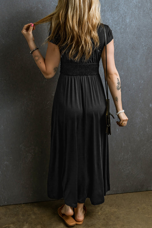 Smocked V-Neck Short Sleeve Maxi Dress