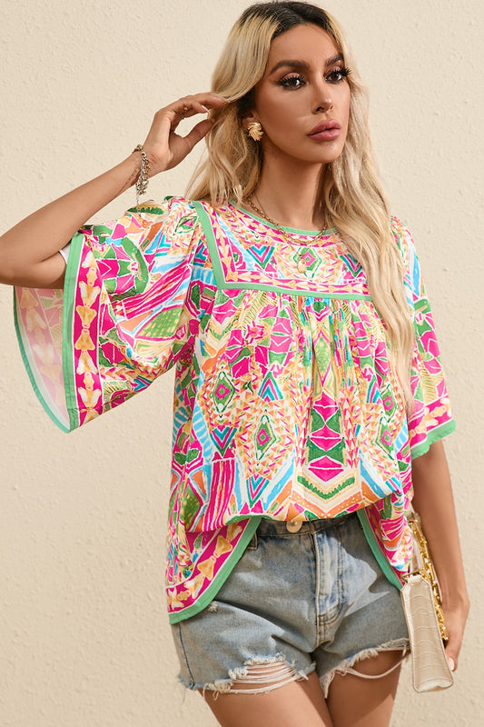 Full Size Printed Round Neck Half Sleeve Blouse