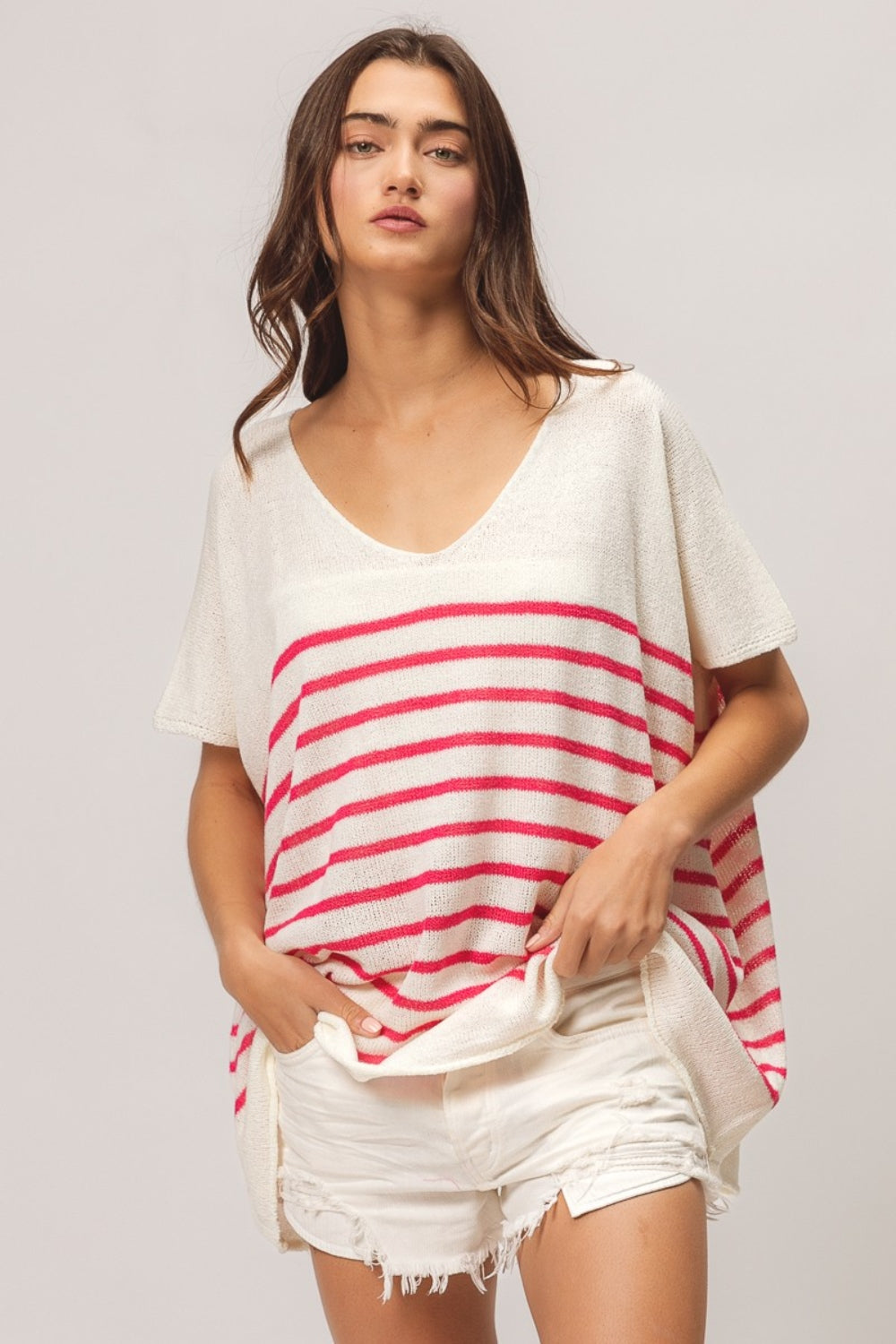 BiBi V Neck Striped Short Sleeve Top - Brand BiBi