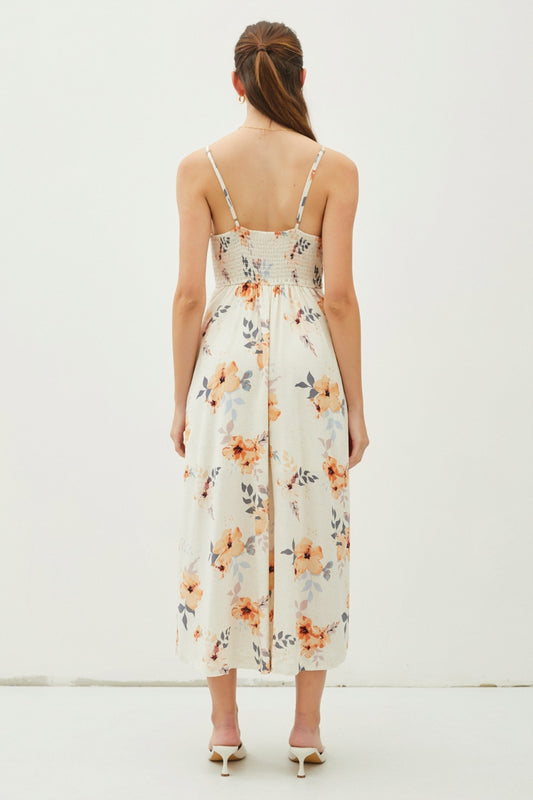 Be Cool Floral Peach Hibiscus Button Down Cami Midi Dress