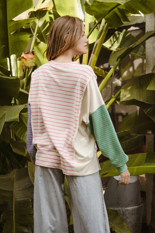 BiBi Exposed Seam Slit Striped Round Neck T-Shirt - Brand BiBi