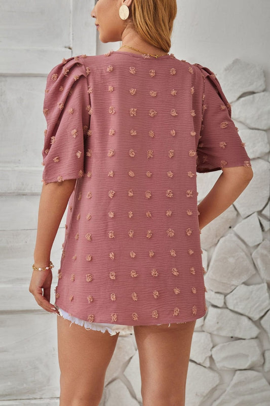 Full Size Swiss Dot Round Neck Short Sleeve Blouse