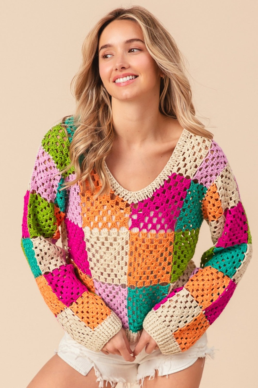 BiBi Multi Color Checkered Long Sleeve Knit Top - Brand BiBi