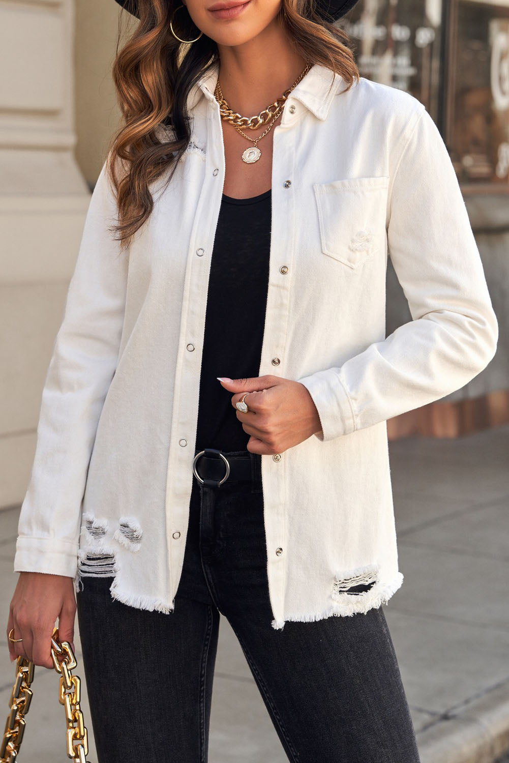 Women's Full Size Distressed Snap Down Denim Jacket