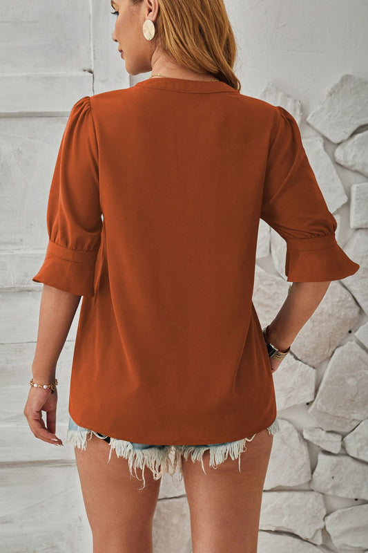 Full Size Notched Half Sleeve Blouse