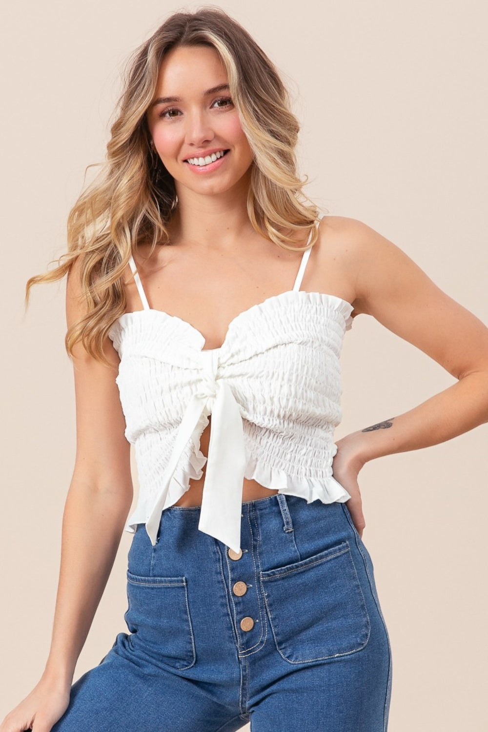 BiBi Ruffled Smocked Ribbon Detail Cami - Brand BiBi