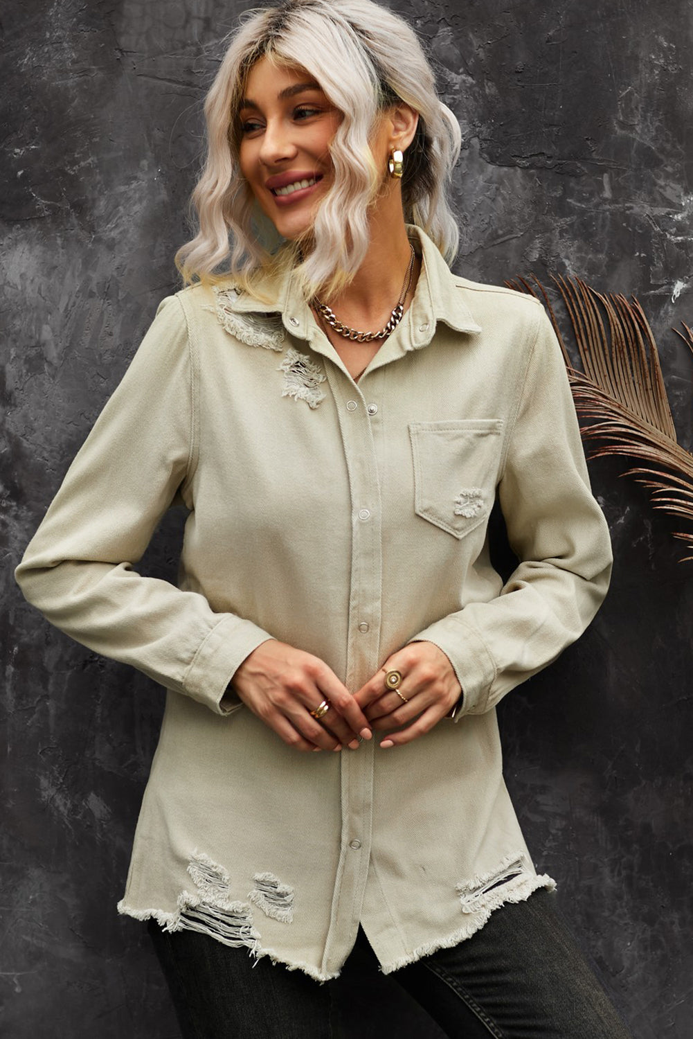 Women's Full Size Distressed Snap Down Denim Jacket