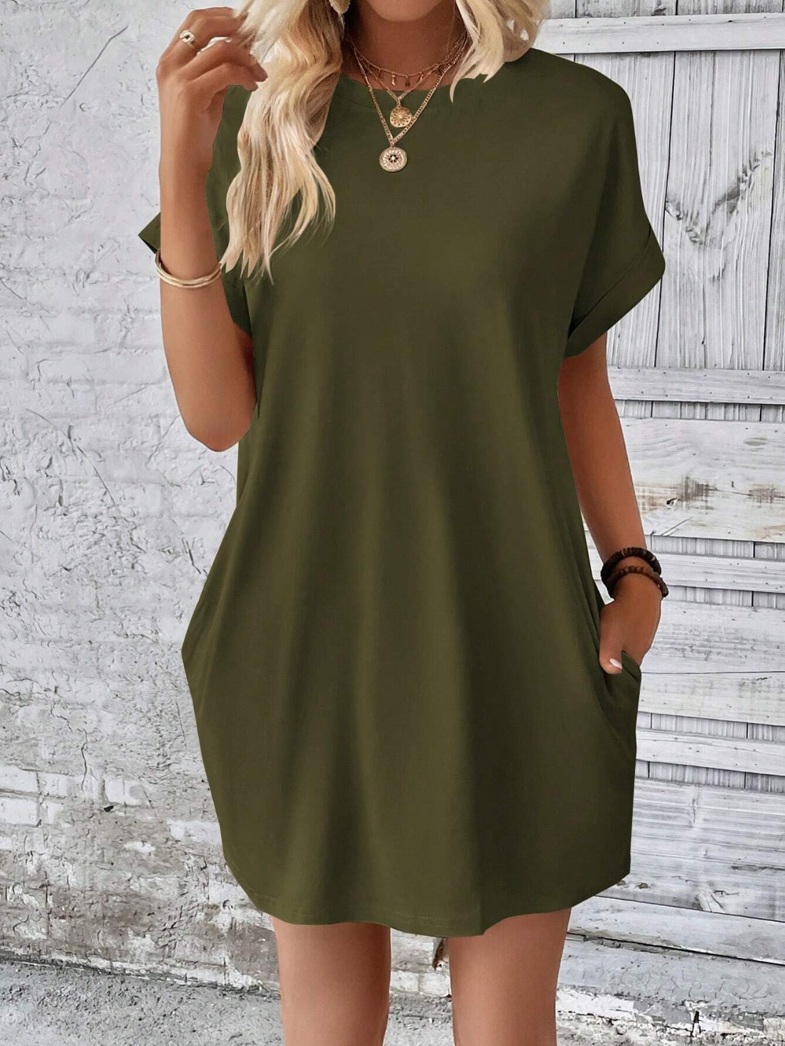 Full Size Round Neck Short Sleeve Mini Dress