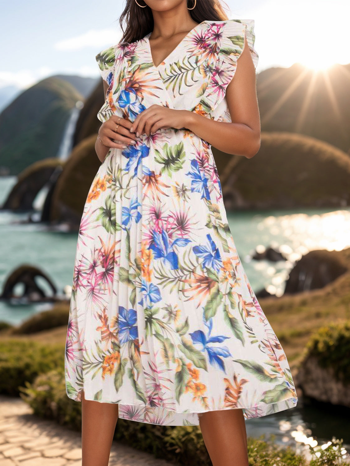 FULL SIZE Ruffled Printed Surplice Cap Sleeve Dress