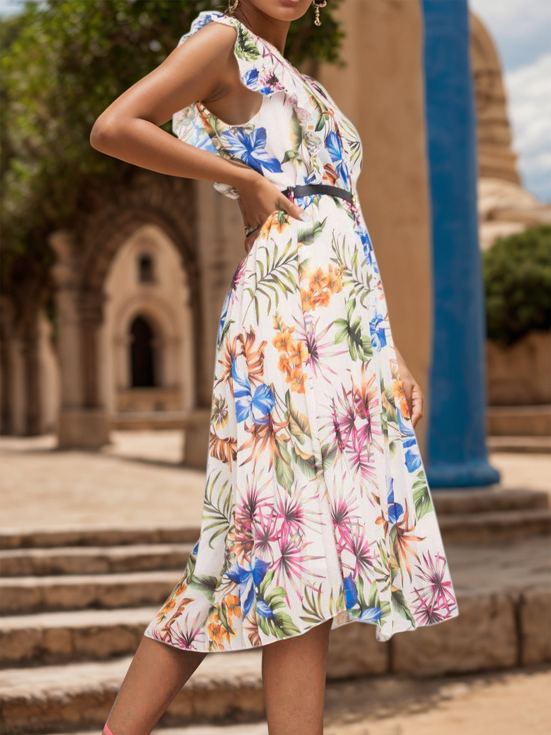 FULL SIZE Ruffled Printed Surplice Cap Sleeve Dress