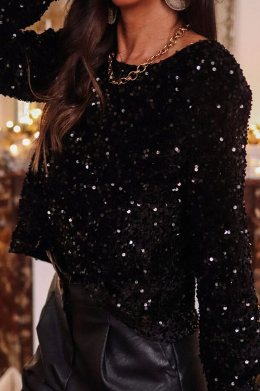 Black Sequin Round Neck Long Sleeve Blouse