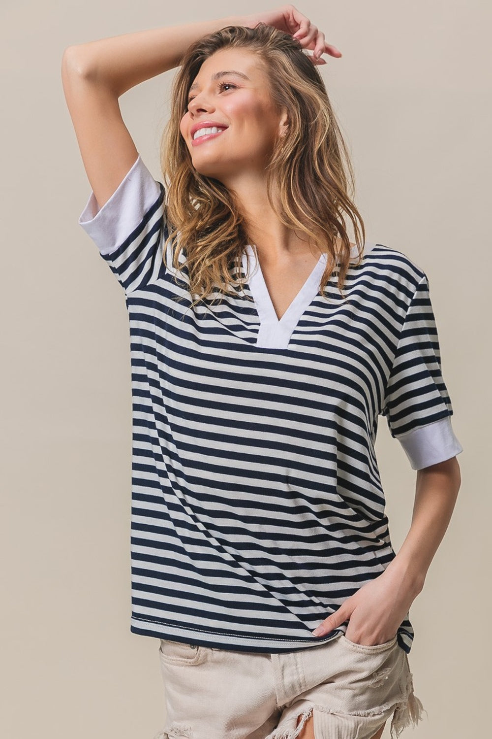 BiBi Contrast Striped Notched Knit Top - Brand BiBi