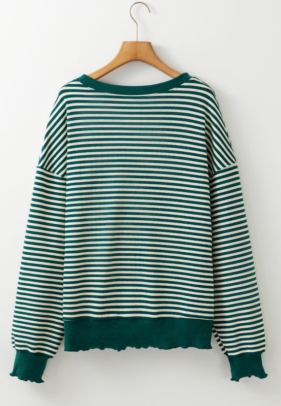 LUCKY Striped Dark Green Round Neck Long Sleeve Sweatshirt