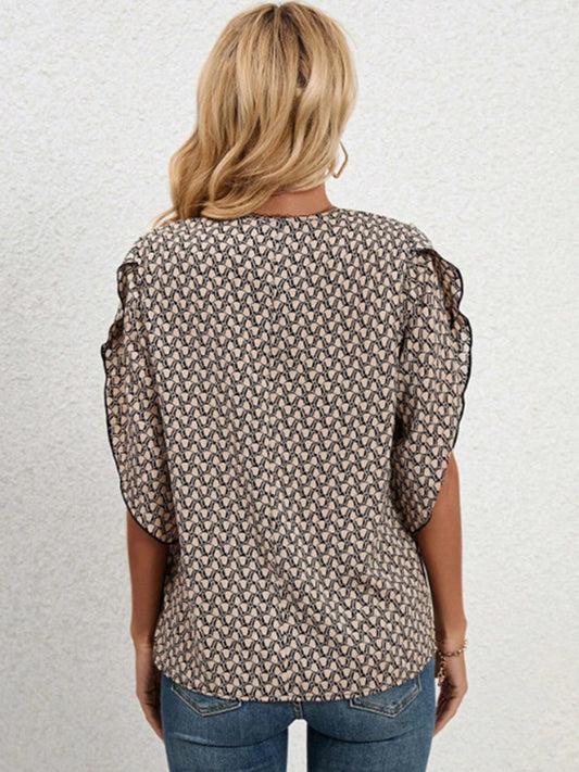Full Size Lace Detail Printed V-Neck Half Sleeve Khaki Blouse