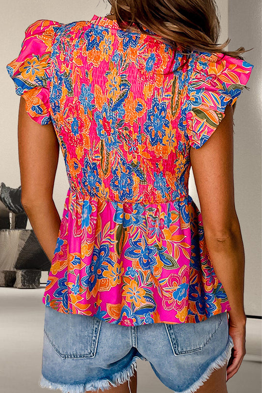 Full Size Smocked Printed V-Neck Cap Sleeve Blouse