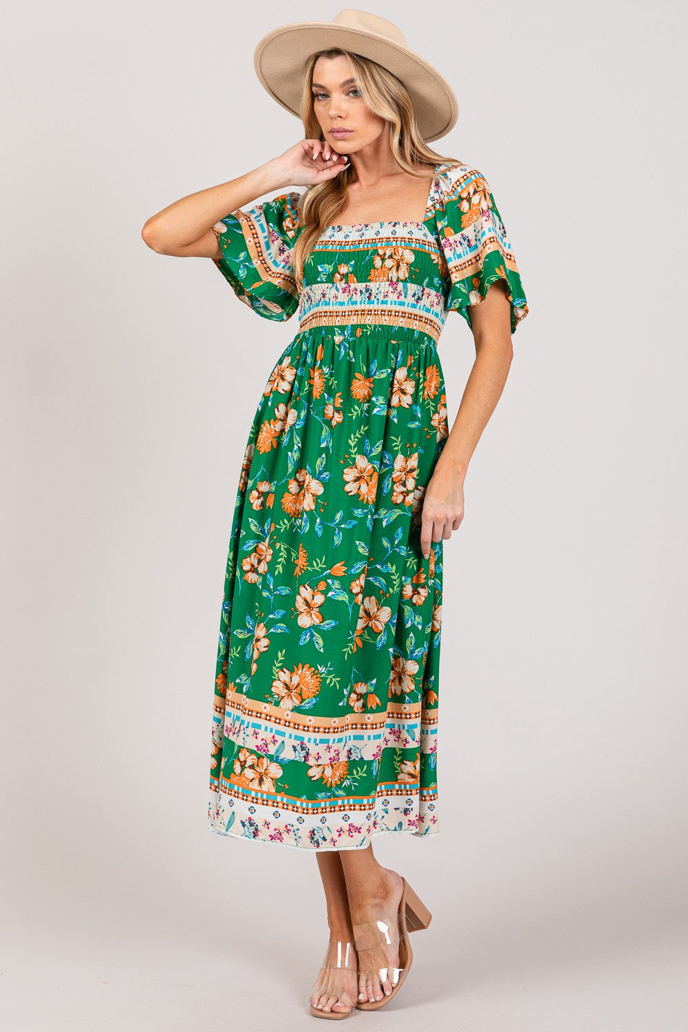 SAGE + FIG Printed Green Smocked Short Sleeve Midi Dress