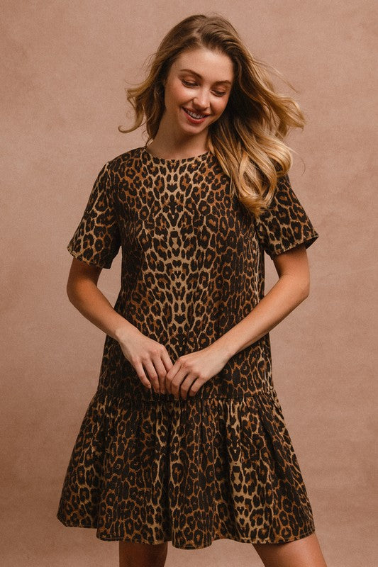 BiBi Tie Back Leopard Round Neck Short Sleeve Dress - Brand BiBi