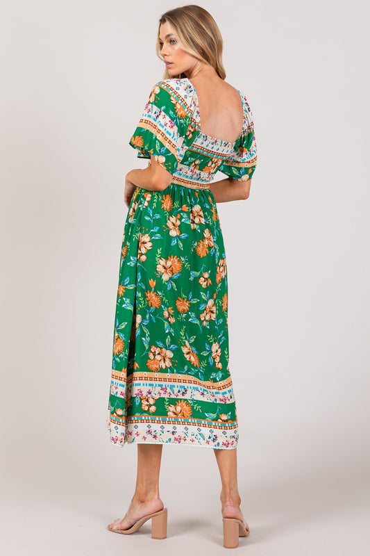 SAGE + FIG Printed Green Smocked Short Sleeve Midi Dress