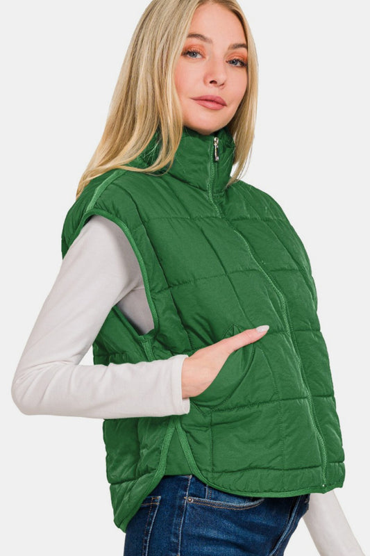 Zenana Zip Up Cropped Puffer Vest with Pockets- Brand Zenana