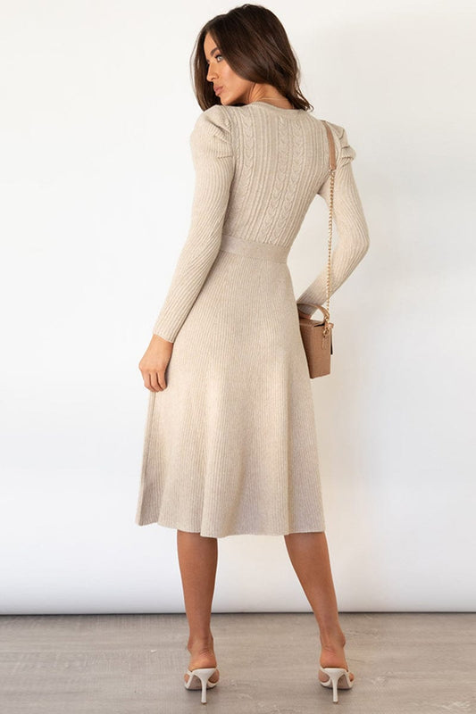 Full Size Round Neck Long Sleeve Tie Waist Sweater Dress