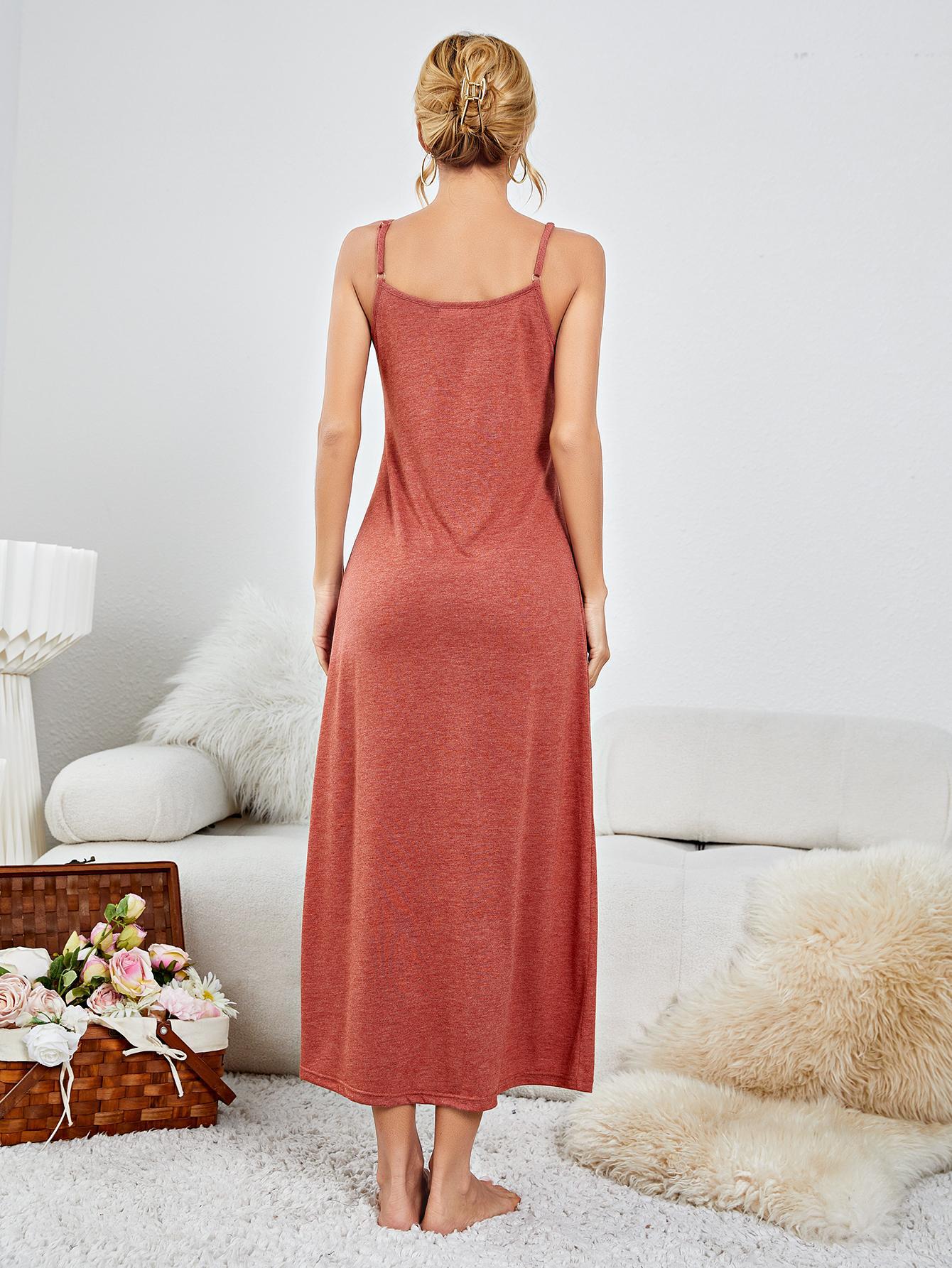 Brick Red Scoop Neck Spaghetti Strap Night Dress
