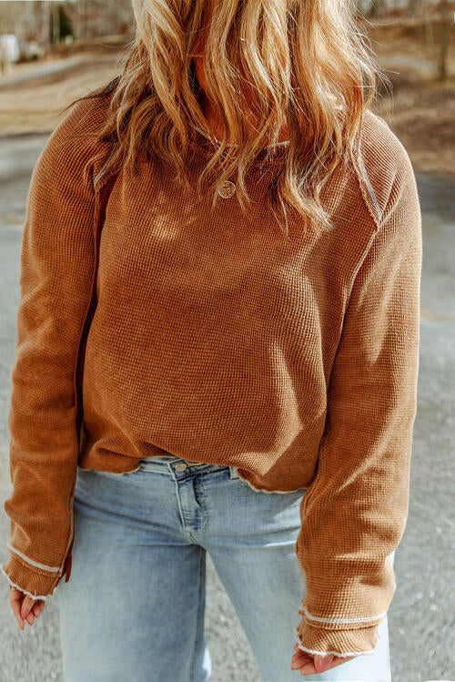 Plus Size Caramel Brown Waffle-Knit Round Neck Long Sleeve Blouse