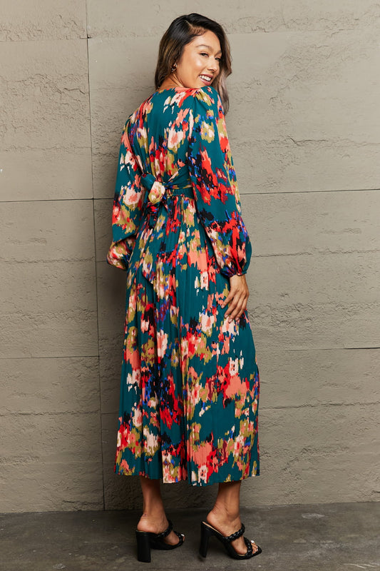 Deep Teal Printed Deep V Slit Pleated Dress