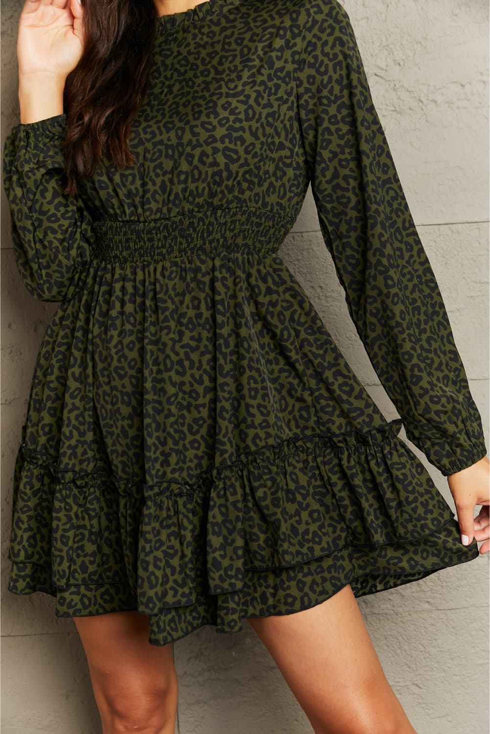 Army Green Leopard Smock Waist Long Sleeve Dress