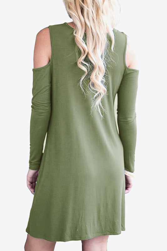 Women's Full Size Cold-Shoulder Long Sleeve Round Neck Dress