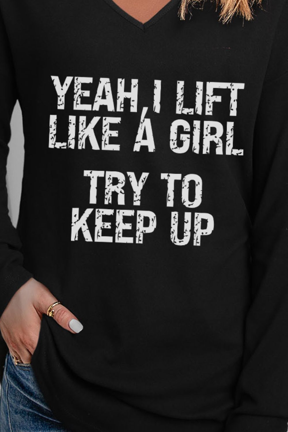 Women's Full Size LIFT LIKE A GIRL Letter Graphic V-Neck Long Sleeve Tee