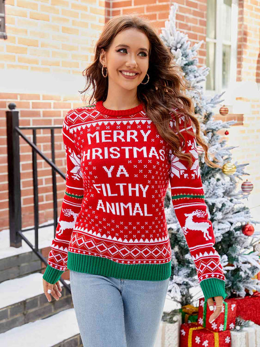 CHRISTMAS THEMED Letter Graphic Round Neck Long Sleeve Sweater