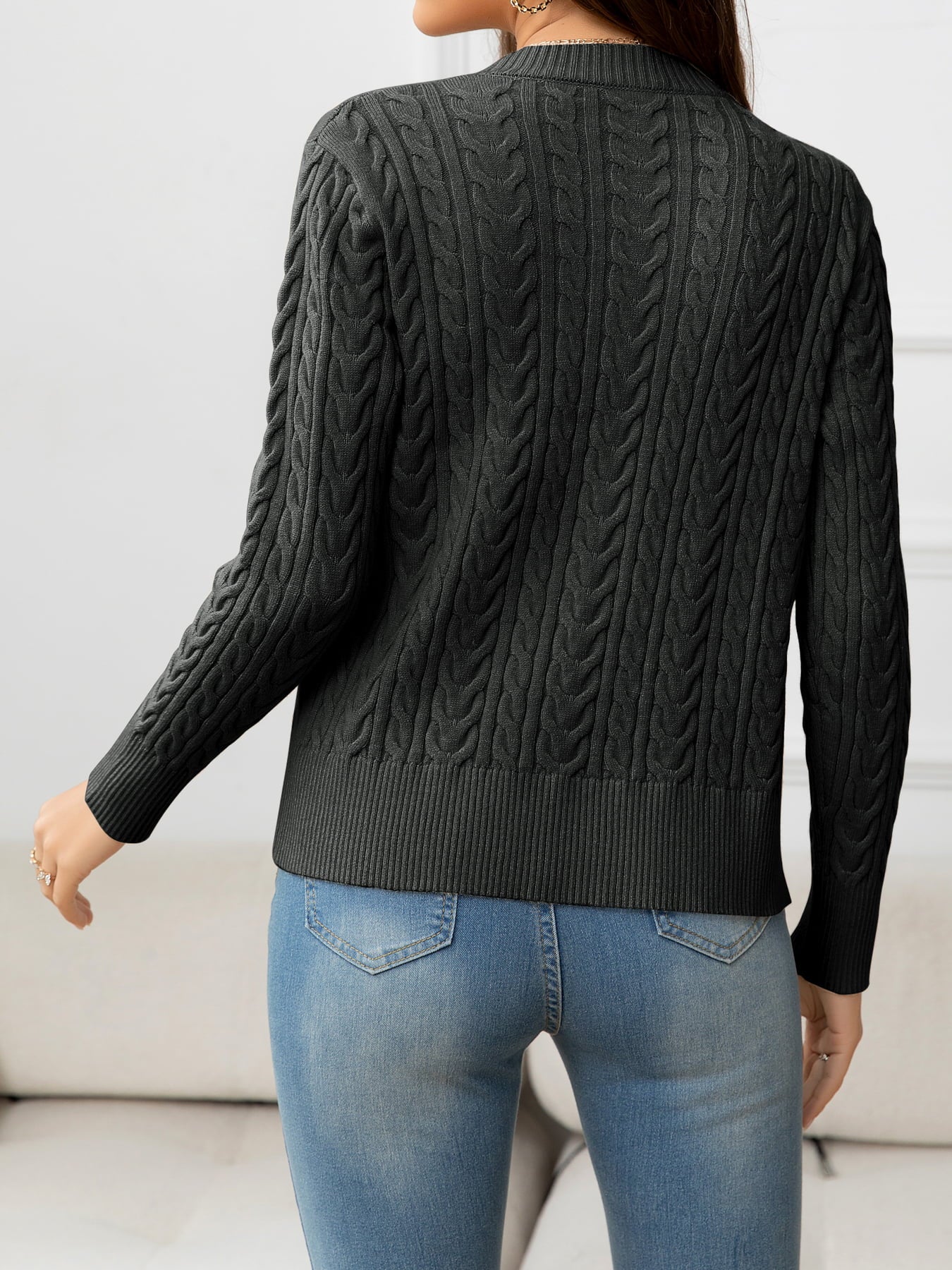 AuroraBlissX V-Neck Long Sleeve Cable-Knit Buttoned Knit Top