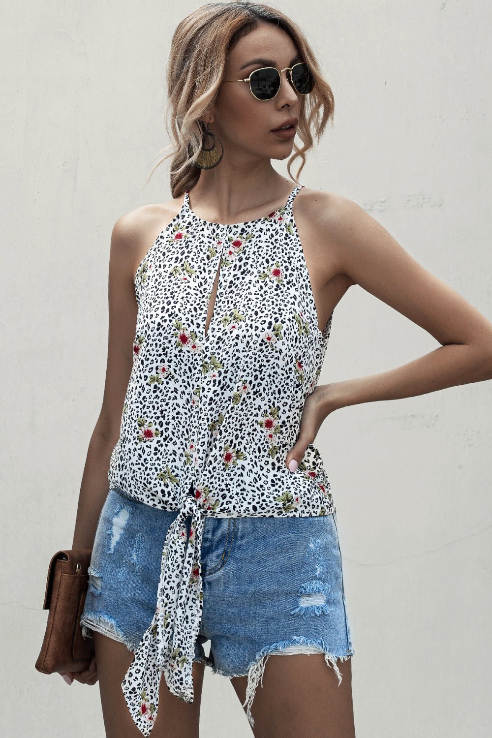 GeometricFashion Leopard Floral Halter Tie Front Top