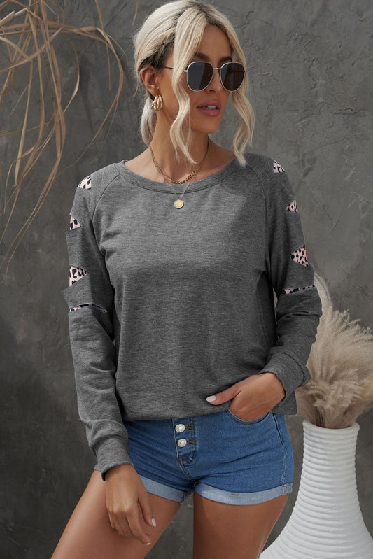 Full Size Gray Leopard Patchwork Raglan Sleeve Sweatshirt
