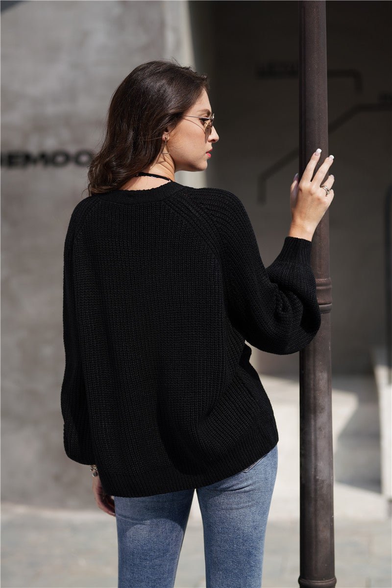 Rib-Knit Balloon Sleeve Cardigan *