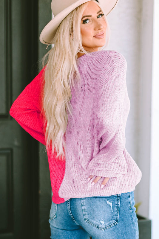 Malibu Dreams Contrast Color V-Neck Long Sleeve Pullover Sweater