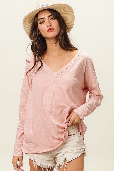 BiBi Exposed Seam V-Neck Long Sleeve T-Shirt - Brand BiBi