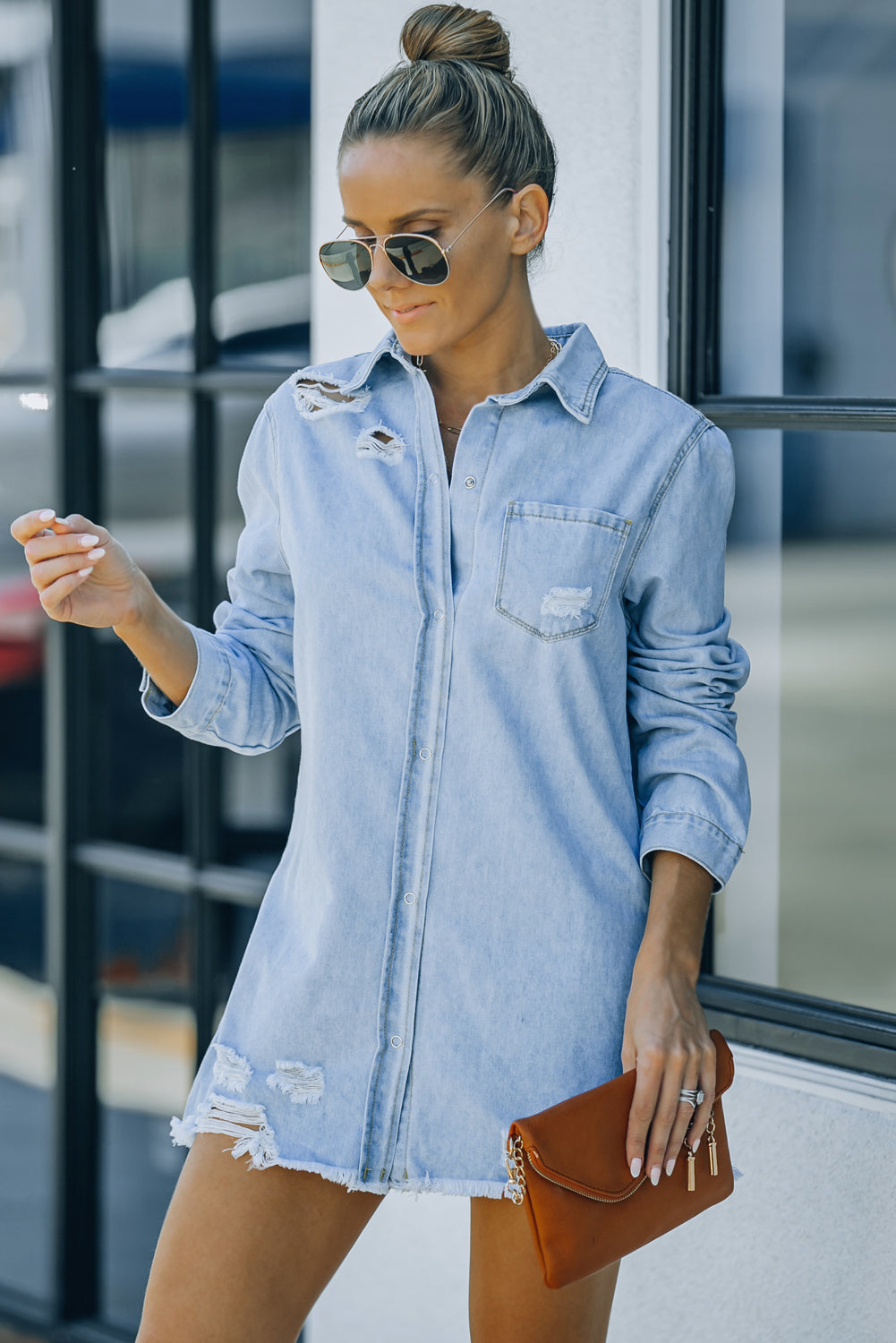 Women's Full Size Distressed Snap Down Denim Jacket