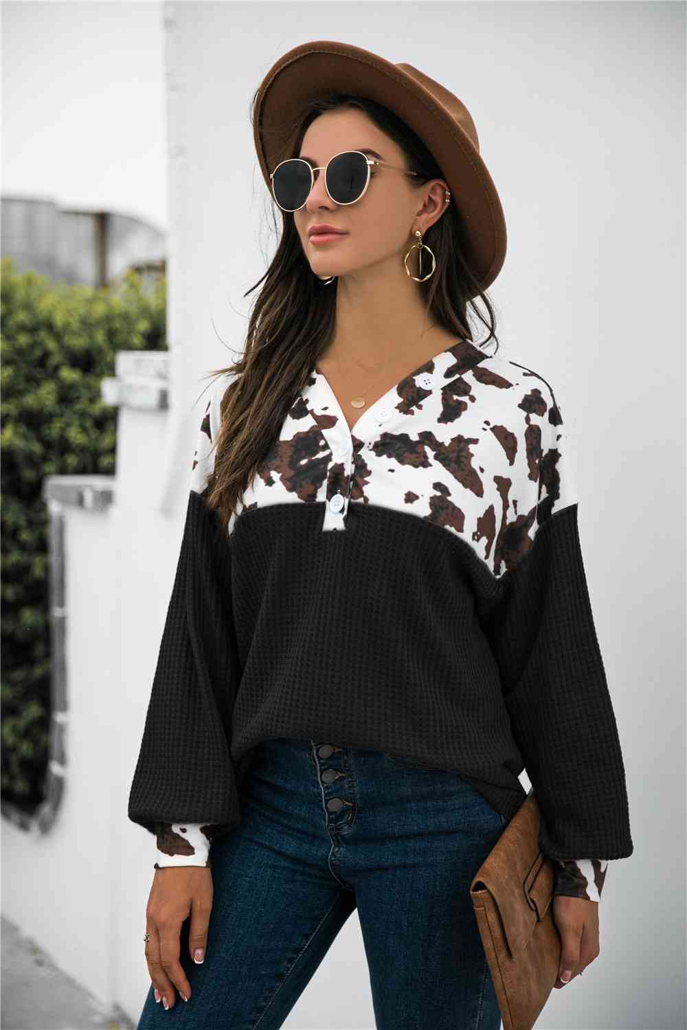 Animal Print Color Block Waffle-Knit Black Top